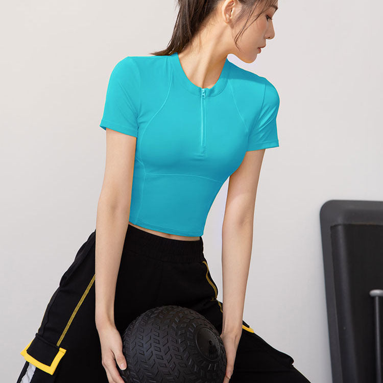 Semi-Zip Fitness Shirt for Women, Running Quick-Dry Sport Short Sleeve T-Shirt, Slim-Fit Lightweight Casual Top