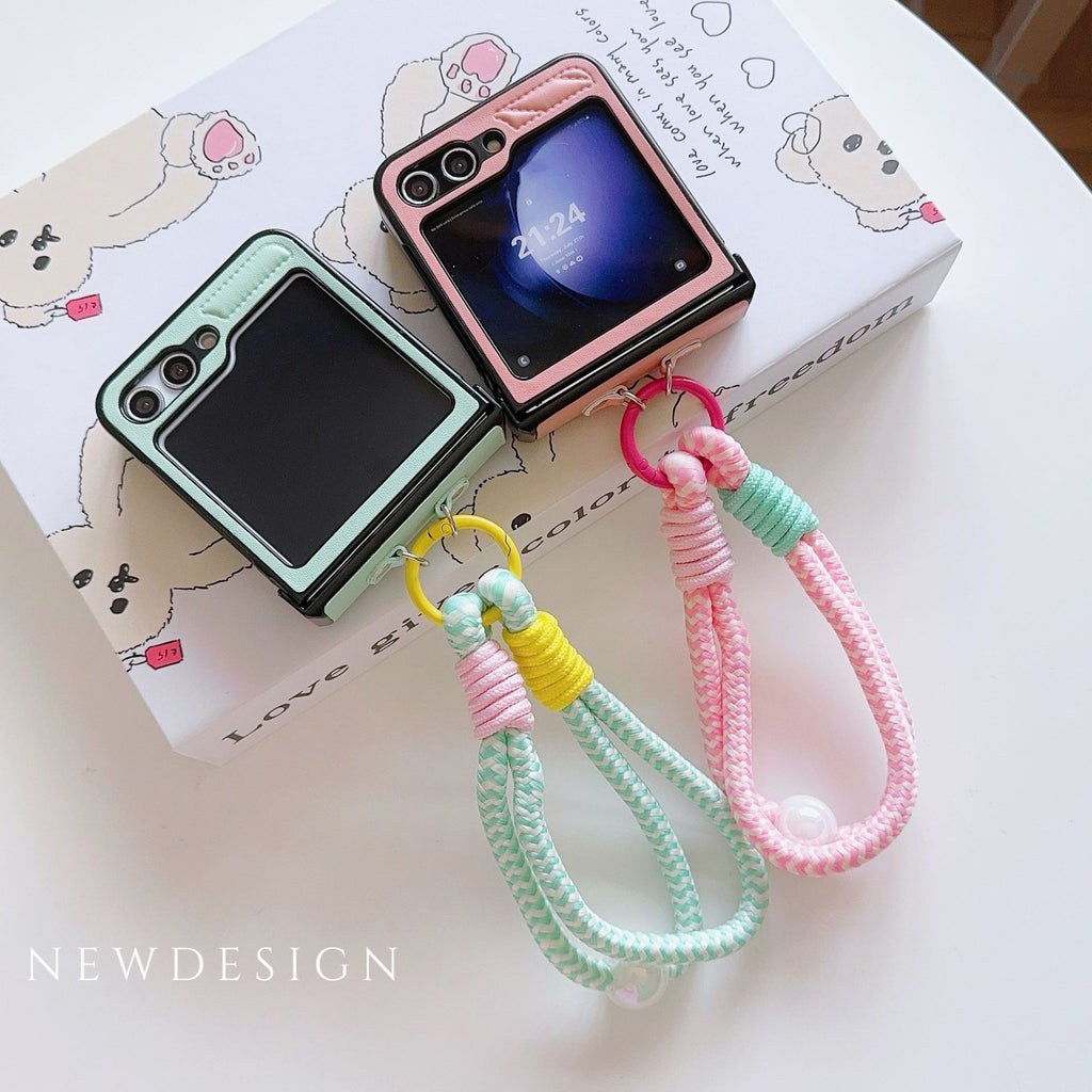 Korean Style Leather Stripe Case for Galaxy Z Flip 7/6/3/4 with Strap, Samsung 5th Gen Foldable Phone Protection