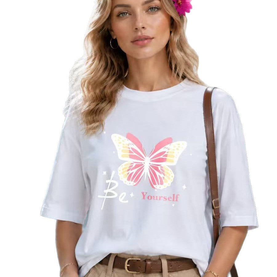 Butterfly pattern loose short sleeved T-shirt