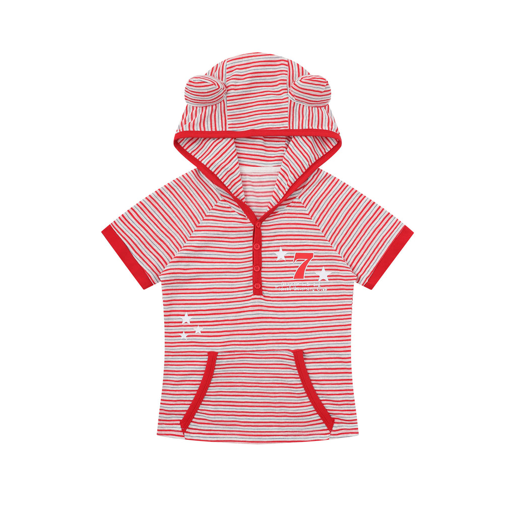 Short Sleeve Striped Color-block Printed Hooded T-shirt Top for Layering or Outer Wear