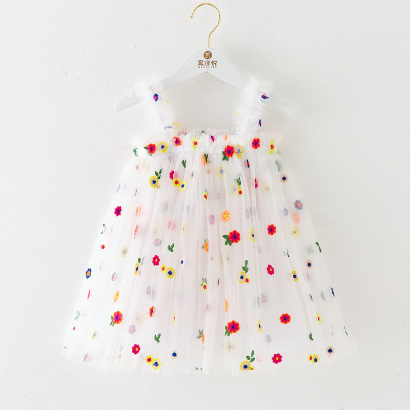 INS Summer New Style Strap Girls Dress Embroidered Sweet Tulle Dress Children's Formal Dress Princess Dress Wholesale