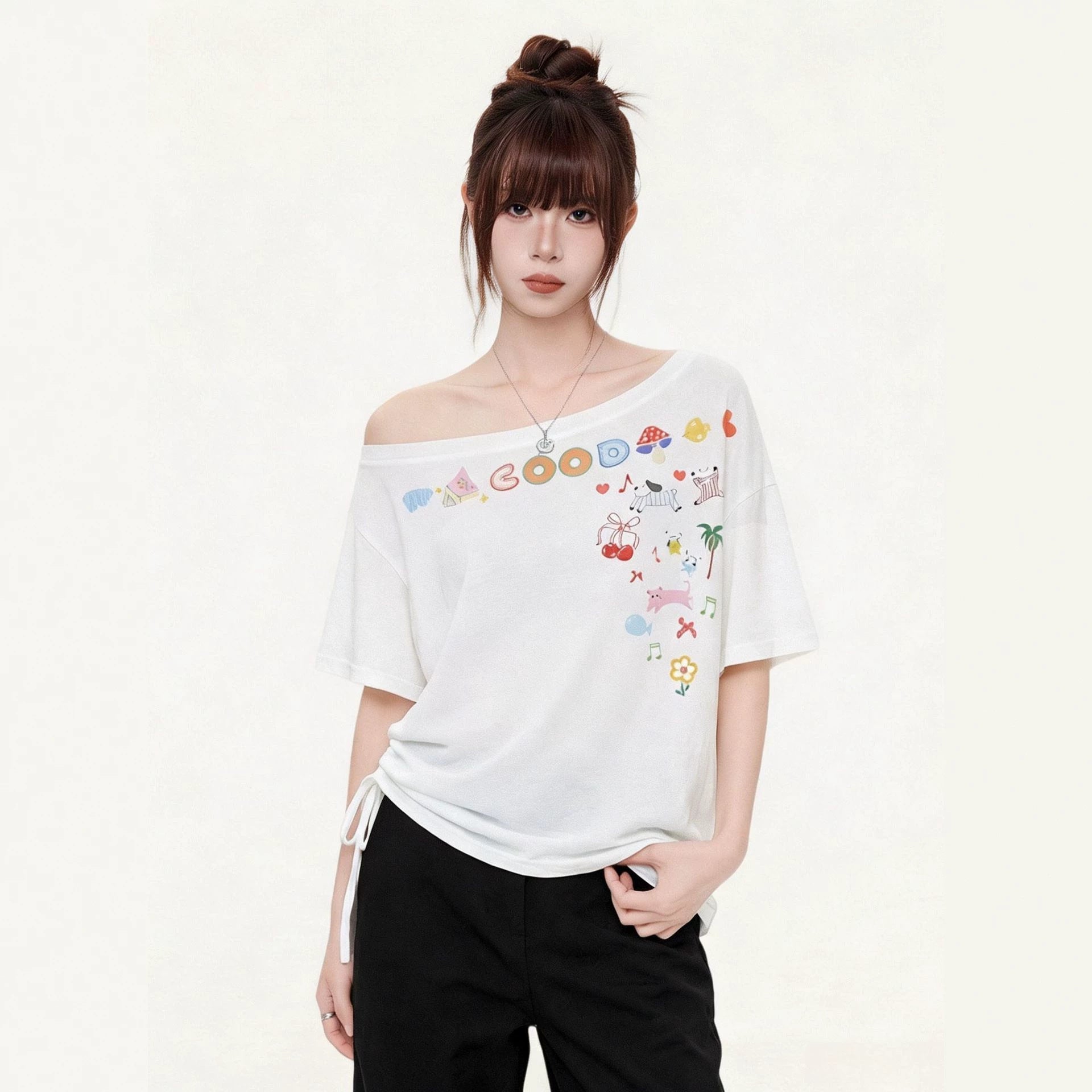 Off-Shoulder Short Sleeve T-Shirt for Women  Cartoon Print Irregular Design Stylish Top
