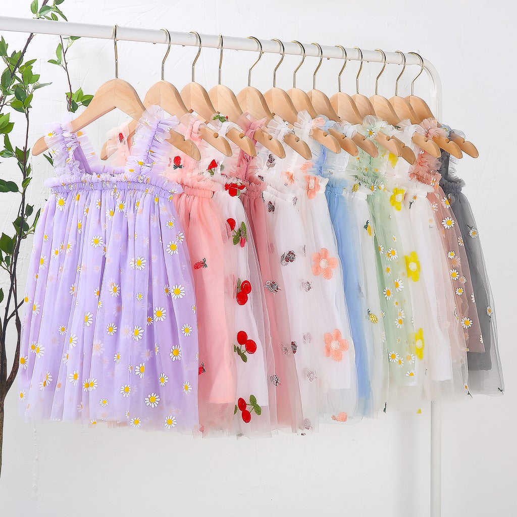 INS Summer New Style Strap Girls Dress Embroidered Sweet Tulle Dress Children's Formal Dress Princess Dress Wholesale