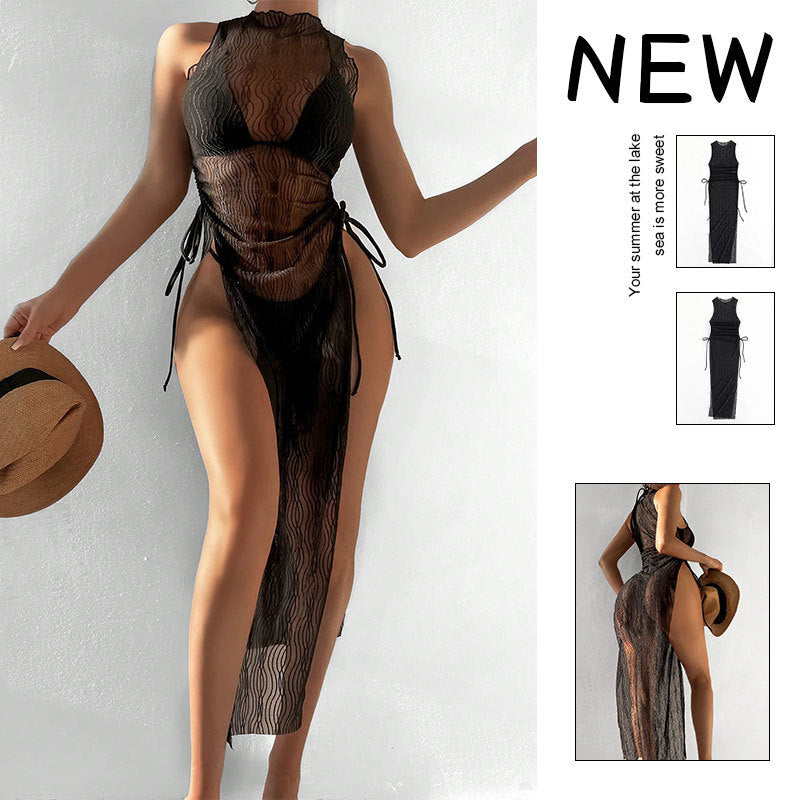 Mesh One-Piece Swimsuit for Women with Tie-Strap Transparent Beach Dress Cover-Up Swimwear