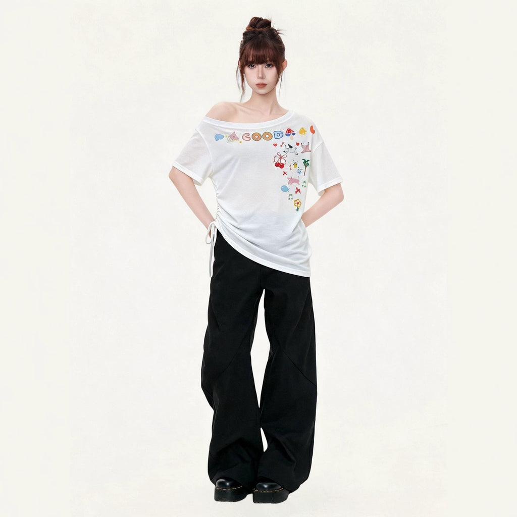 Off-Shoulder Short Sleeve T-Shirt for Women  Cartoon Print Irregular Design Stylish Top