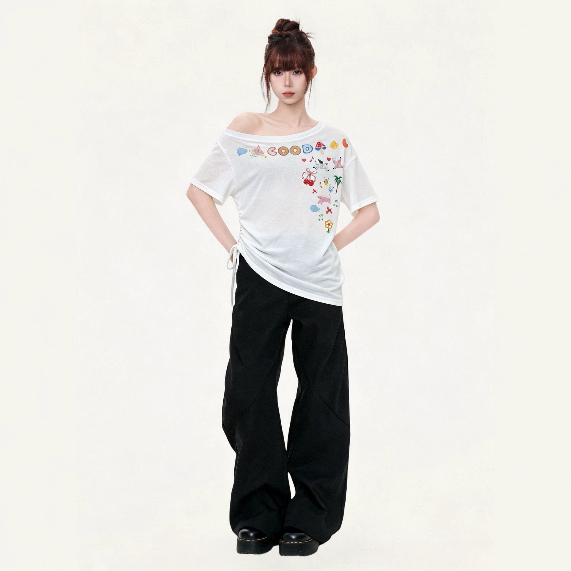 Off-Shoulder Short Sleeve T-Shirt for Women  Cartoon Print Irregular Design Stylish Top