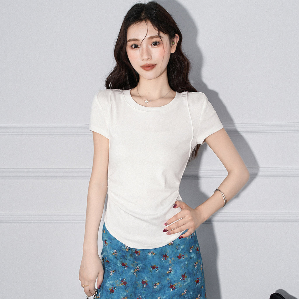Round Neck Pleated Irregular Hem Short Sleeve T-Shirt for Women