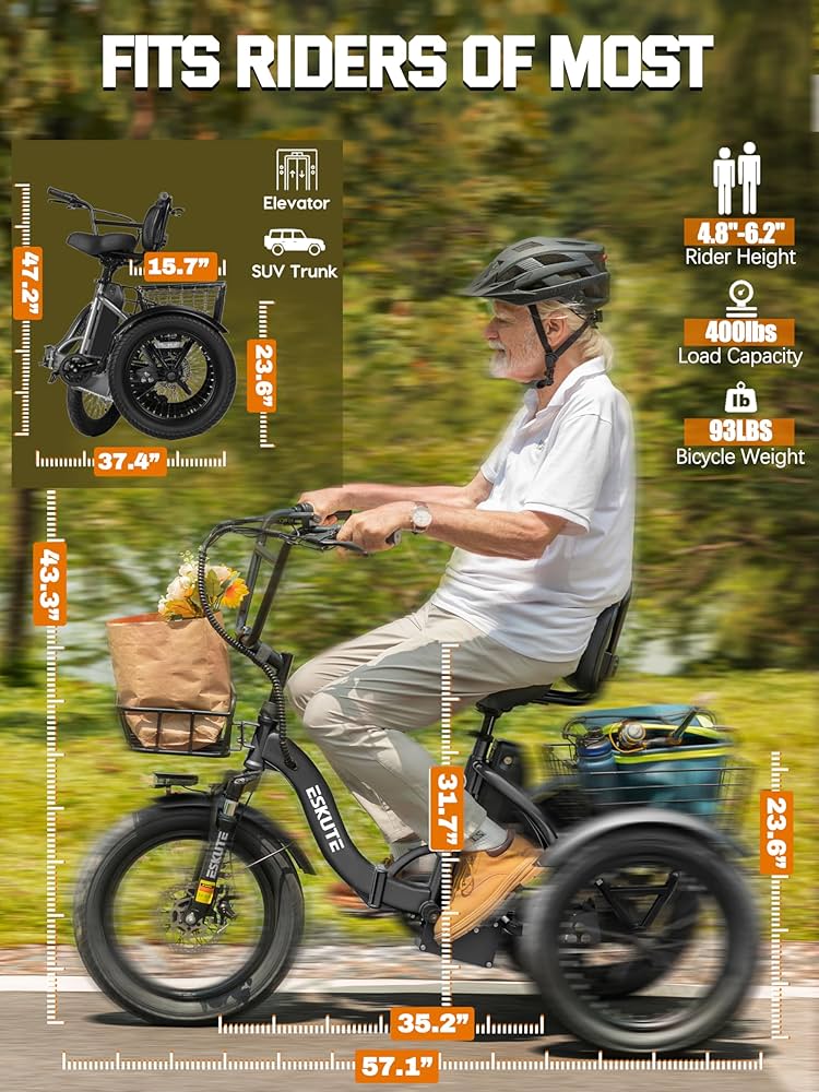 Lilypelle Electric Tricycle for Adults, Peak 1500W 48V Folding E-Mountain Bike, 20" 6 Speed 3 Wheels Unisex Electric Bicycle with Front & Rear Basket, Removable 20AH Battery, LED Light