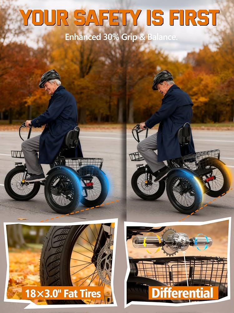 Lilypelle Electric Tricycle for Adults, Peak 1500W 48V Folding E-Mountain Bike, 20" 6 Speed 3 Wheels Unisex Electric Bicycle with Front & Rear Basket, Removable 20AH Battery, LED Light