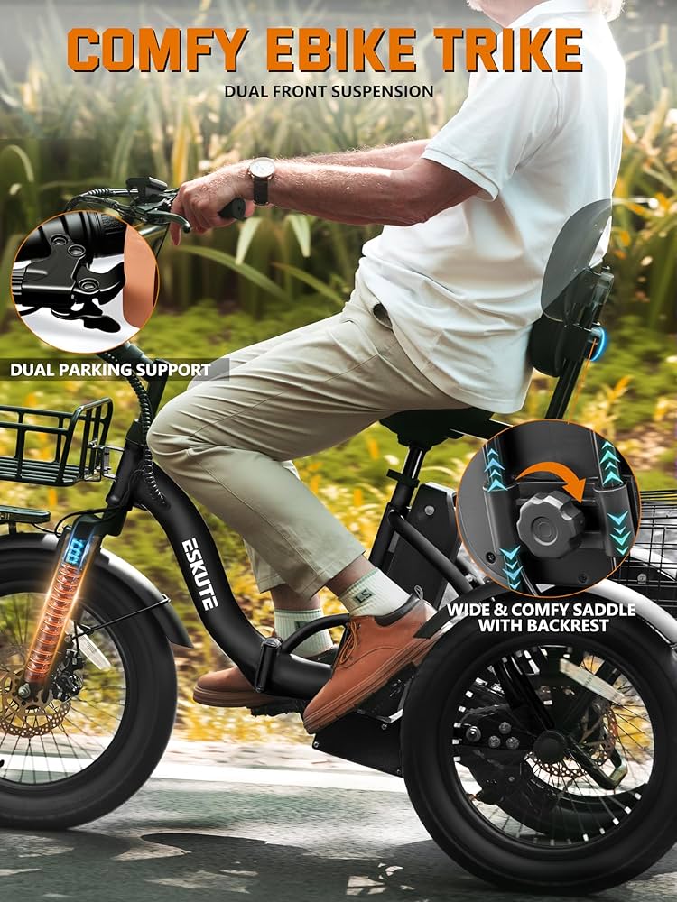 Lilypelle Electric Tricycle for Adults, Peak 1500W 48V Folding E-Mountain Bike, 20" 6 Speed 3 Wheels Unisex Electric Bicycle with Front & Rear Basket, Removable 20AH Battery, LED Light
