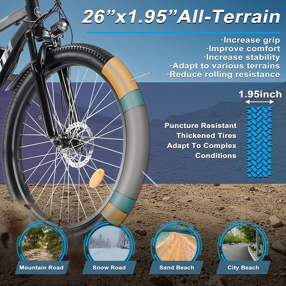 Electric Bike for Adults, 26" Electric Mountain Bike Peak-1000W Brushless Motor 23+MPH & 48V 13Ah Removable Battery Up to 65 Miles, Electric Bicycle with 21-Speed Gear, UL 2849 Cert