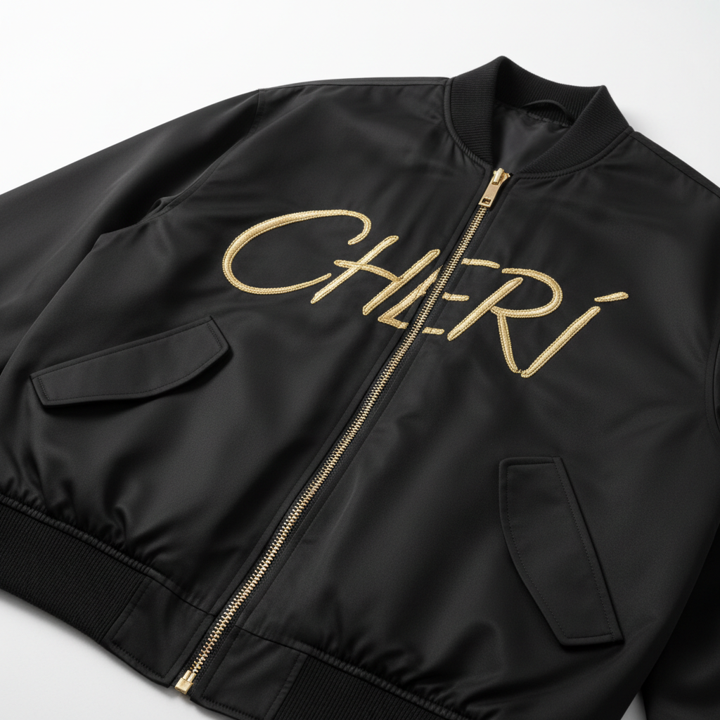 Jacket nwa ak ekri CHERI brode an lò