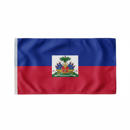 Drapo Nasyonal Ayiti ak koulè bleu ak wouj ak armoazi nasyonal