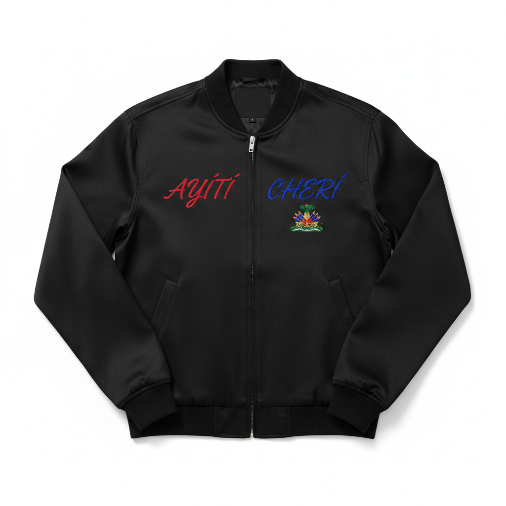 Jacket Ayiti Cheri ak ekri brode nan koulè drapo nasyonal