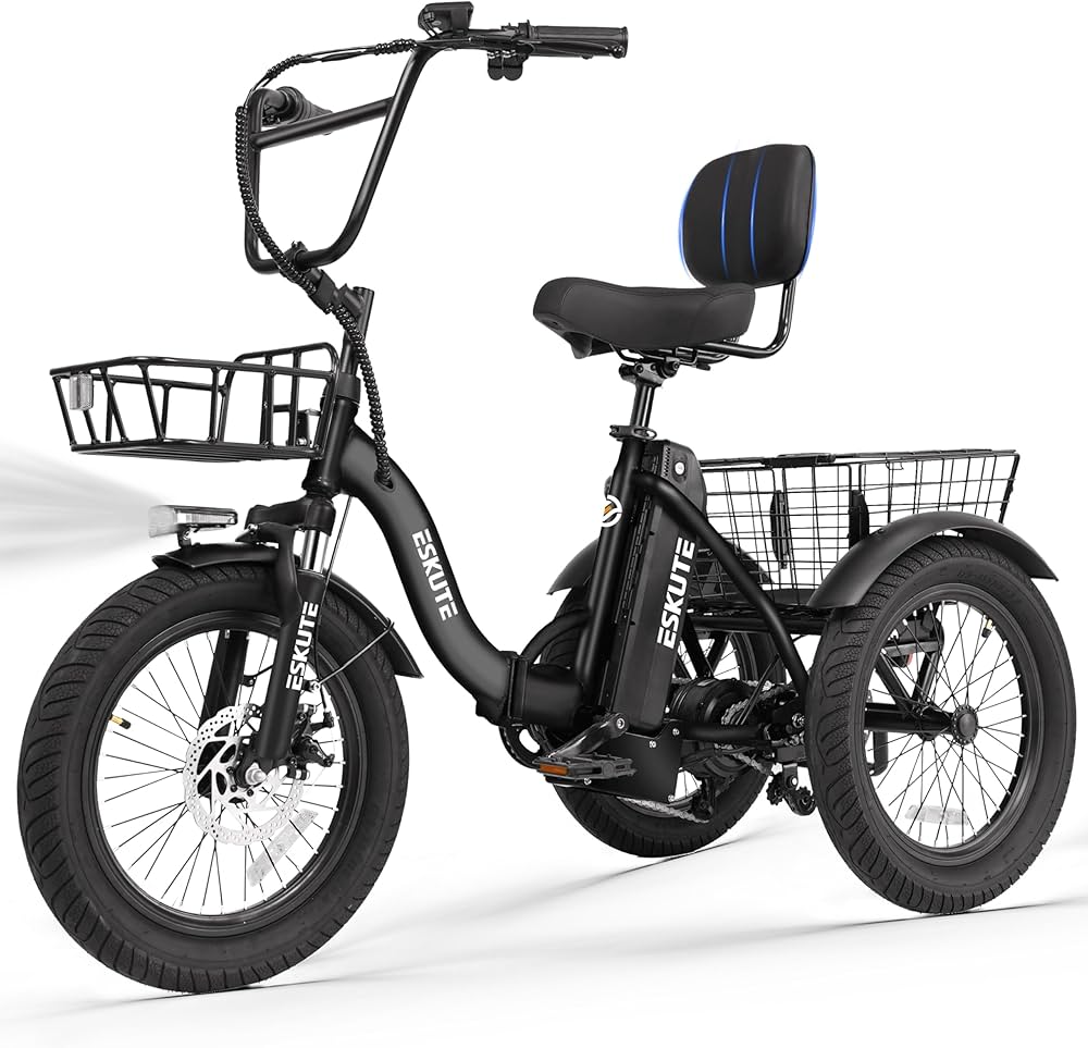 Lilypelle Electric Tricycle for Adults, Peak 1500W 48V Folding E-Mountain Bike, 20" 6 Speed 3 Wheels Unisex Electric Bicycle with Front & Rear Basket, Removable 20AH Battery, LED Light