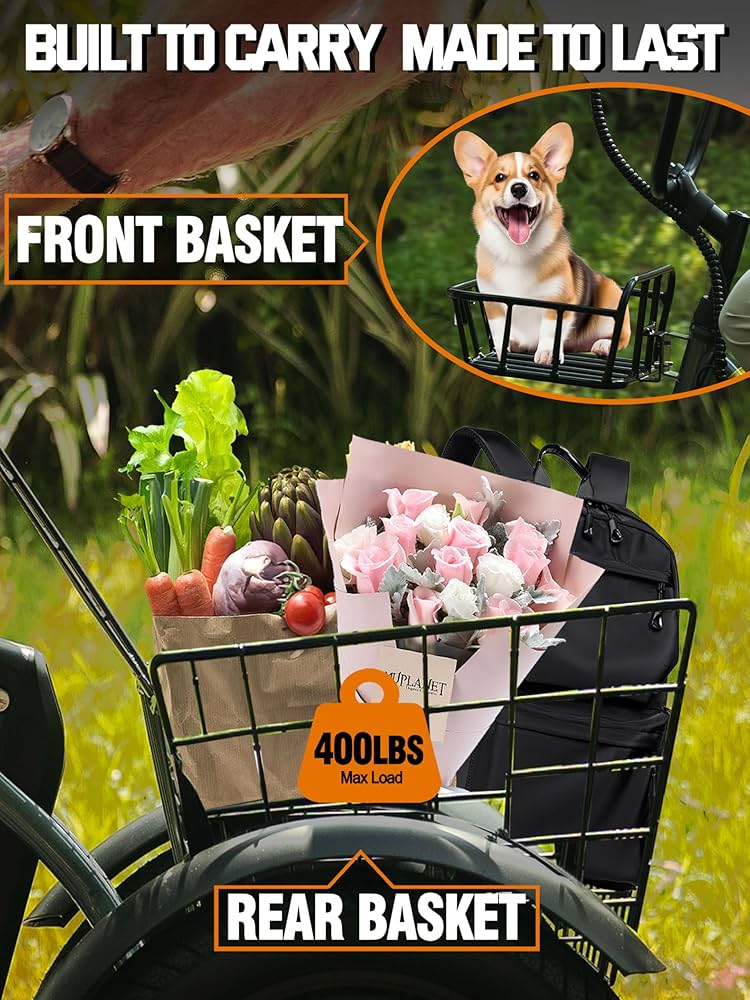 Lilypelle Electric Tricycle for Adults, Peak 1500W 48V Folding E-Mountain Bike, 20" 6 Speed 3 Wheels Unisex Electric Bicycle with Front & Rear Basket, Removable 20AH Battery, LED Light